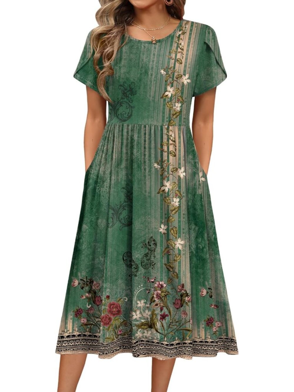 〽️Women's Green Floral Short Sleeve Midi Dress A Line Summer Dress with Pockets
